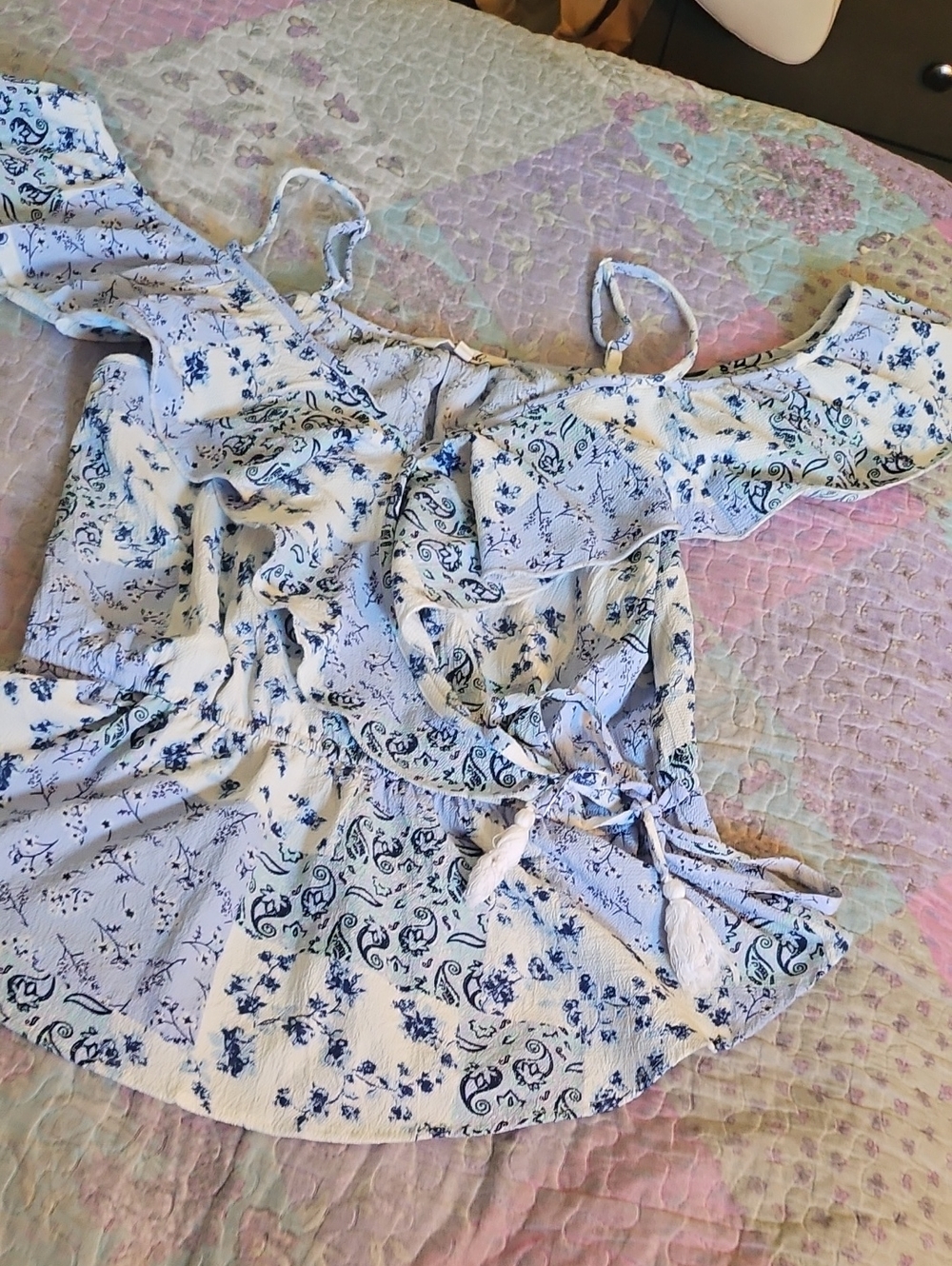 Blush White and Blue Floral Off-Shoulder Camisole